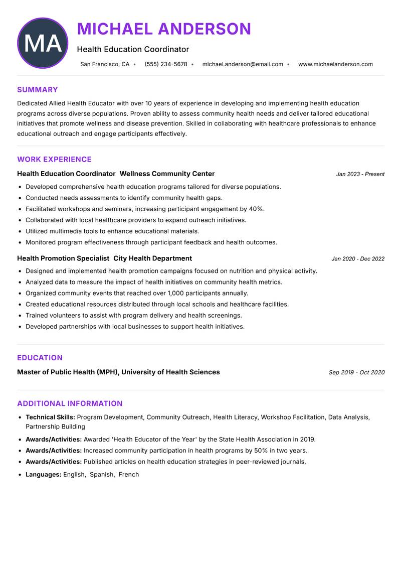 Allied Health Educator Resume Preview Example