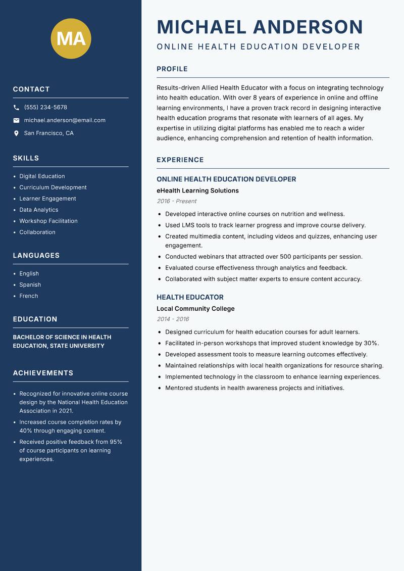 Allied Health Educator Resume Preview Example