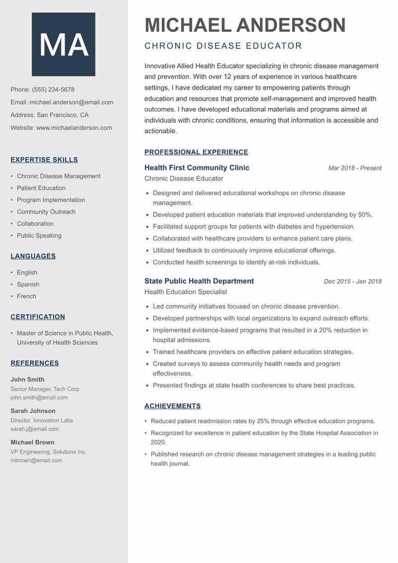 Allied Health Educator Resume Preview Example