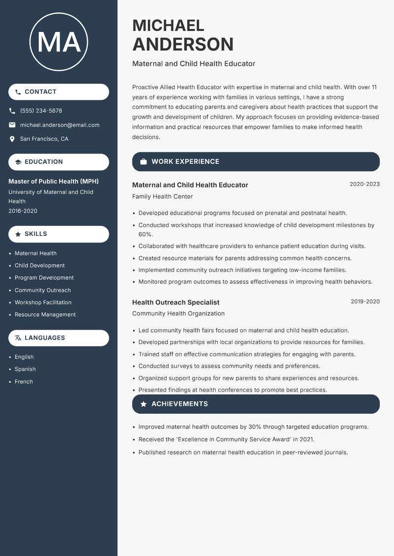 Allied Health Educator Resume Preview Example