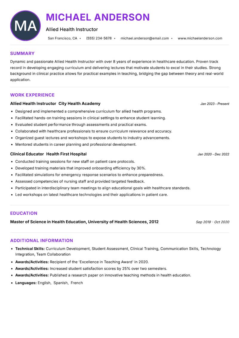 Allied Health Instructor Resume Preview Example