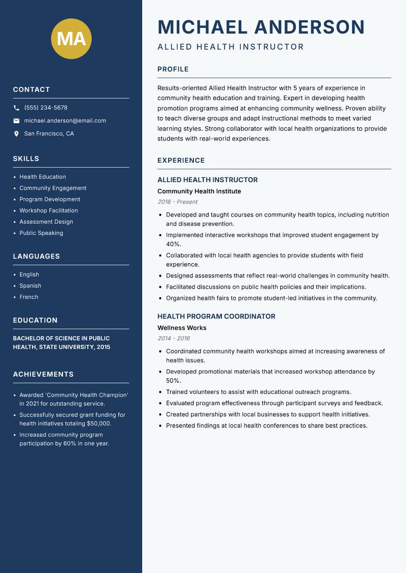 Allied Health Instructor Resume Preview Example