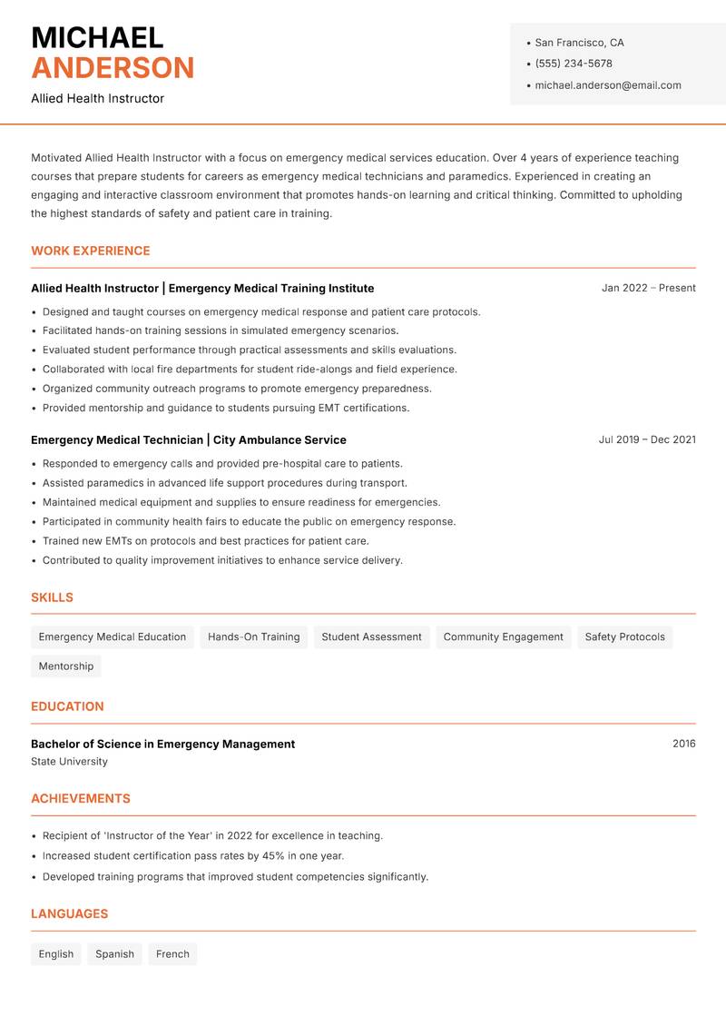 Allied Health Instructor Resume Template