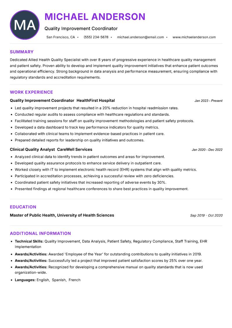 Allied Health Quality Specialist Resume Preview Example