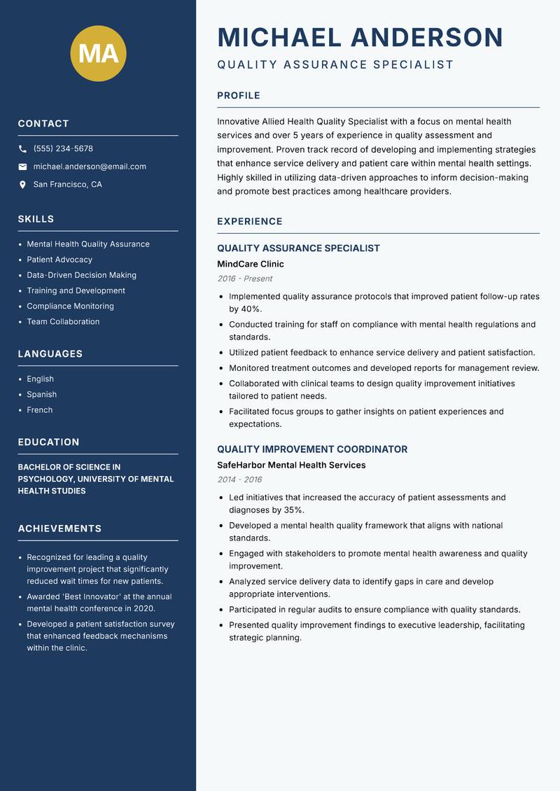 Allied Health Quality Specialist Resume Preview Example