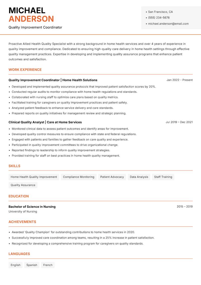 Allied Health Quality Specialist Resume Template