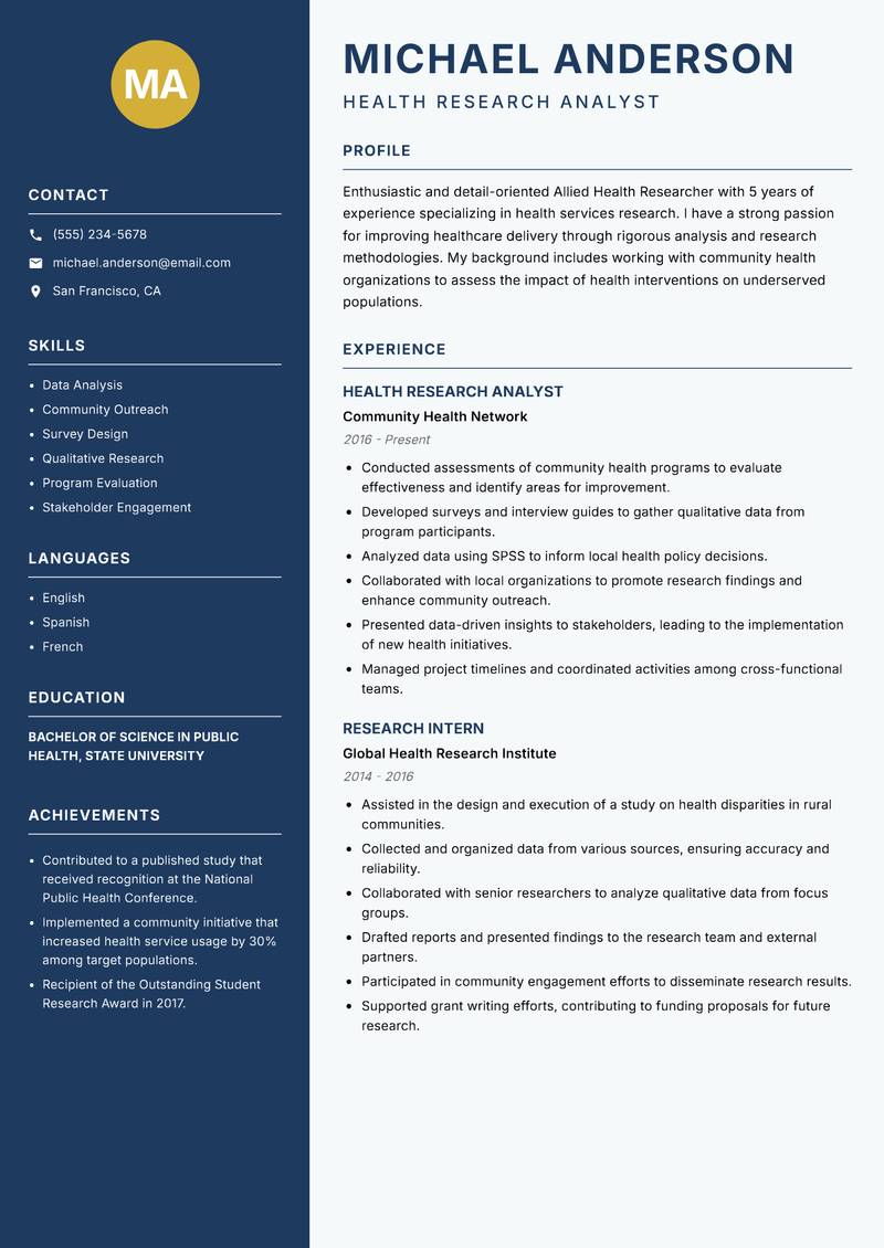 Allied Health Researcher Resume Preview Example