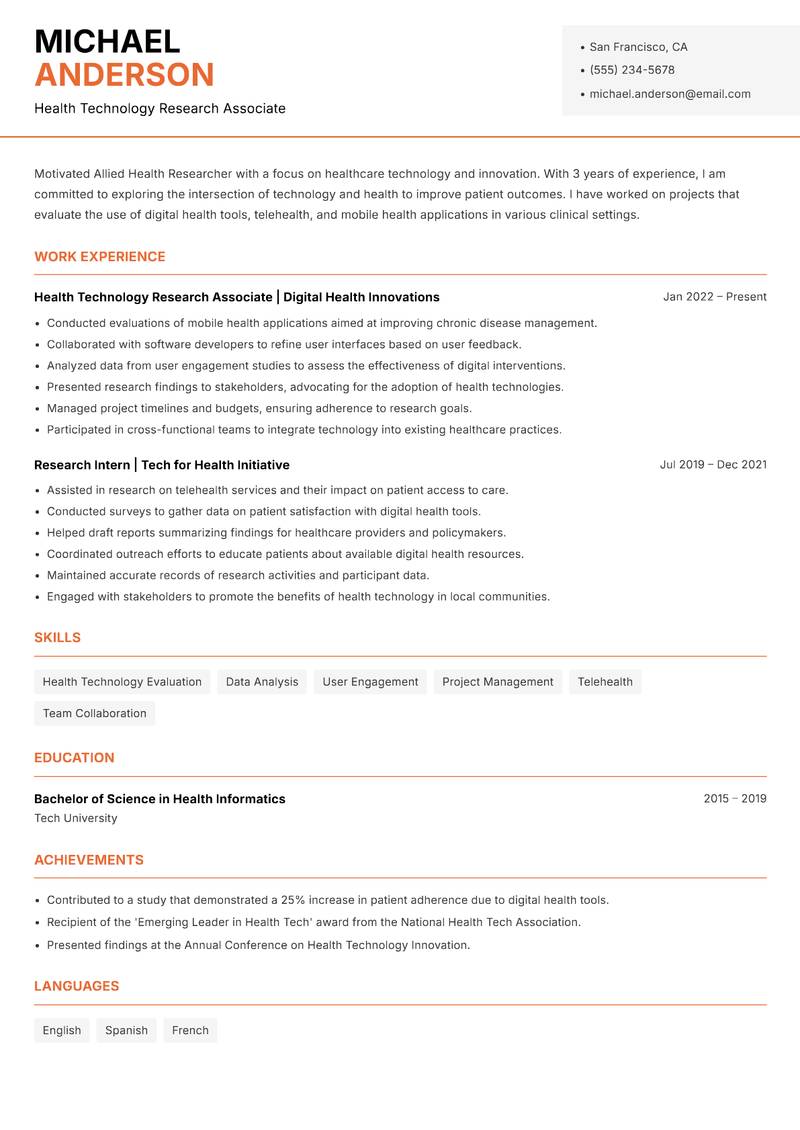 Allied Health Researcher Resume Template