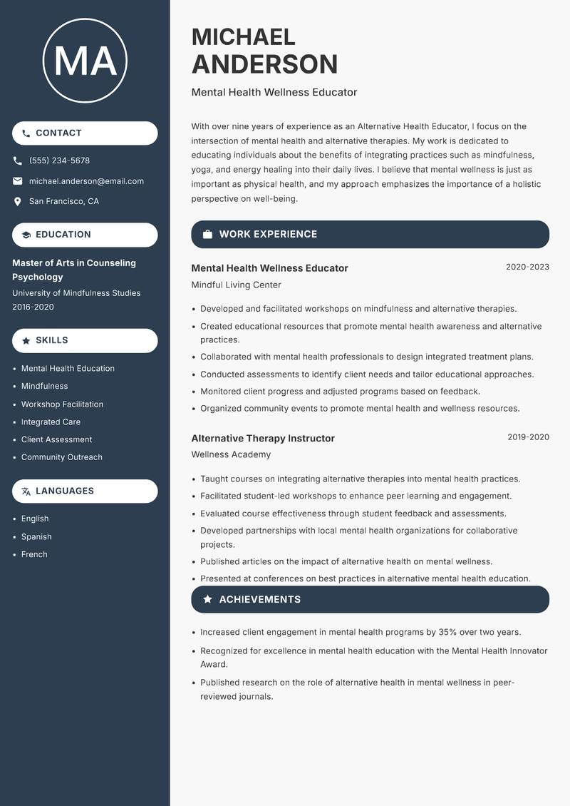 Alternative Health Educator Resume Preview Example