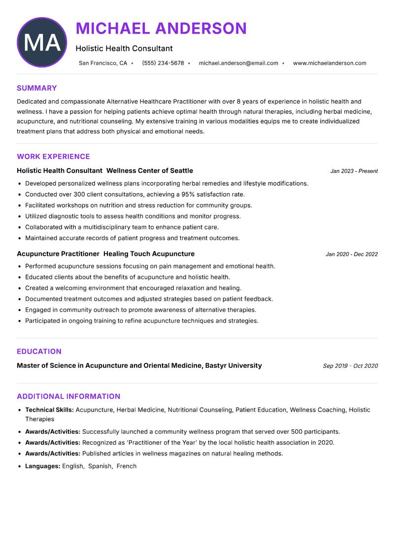 Alternative Healthcare Practitioner Resume Preview Example