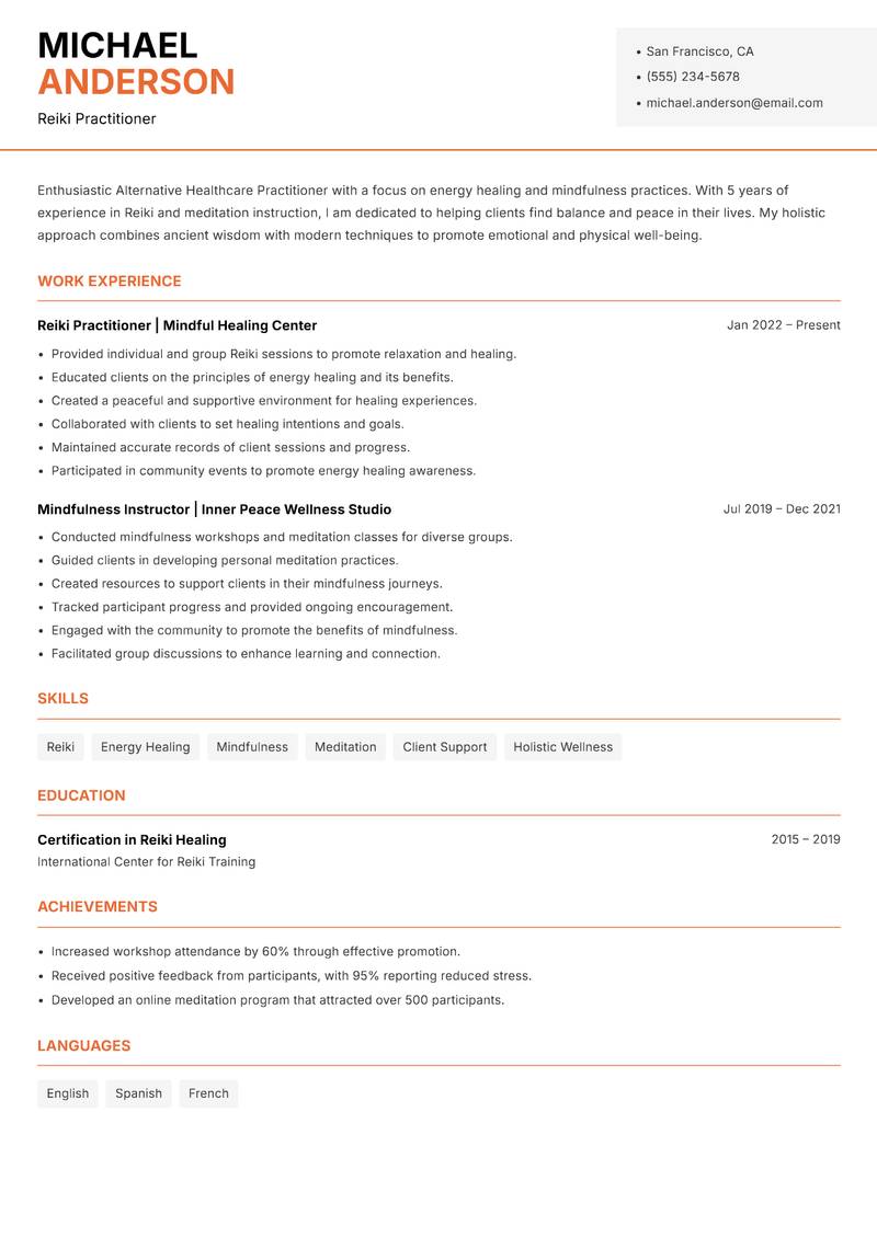 Alternative Healthcare Practitioner Resume Template