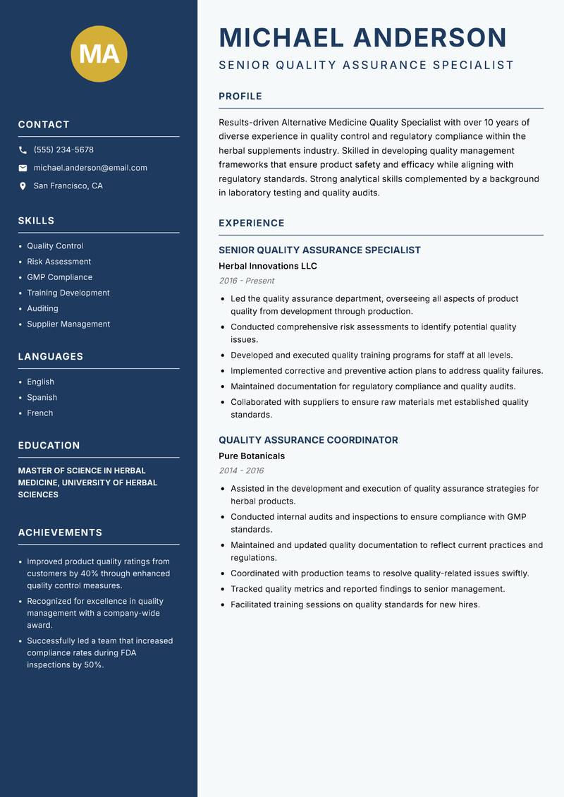 Alternative Medicine Quality Specialist Resume Preview Example