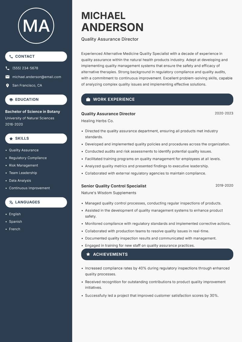 Alternative Medicine Quality Specialist Resume Preview Example