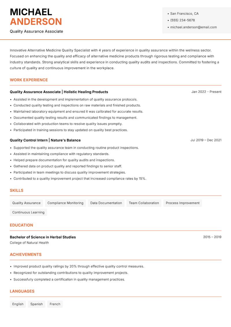 Alternative Medicine Quality Specialist Resume Template