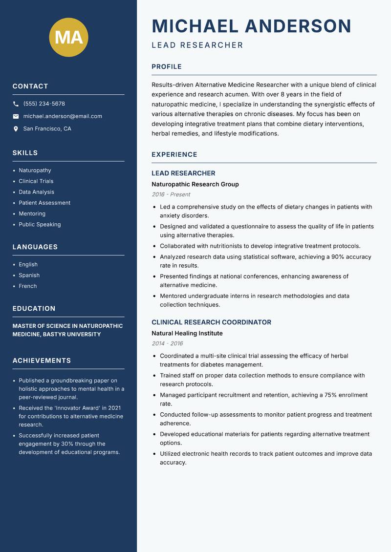 Alternative Medicine Researcher Resume Preview Example