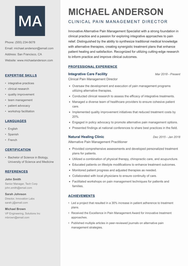Alternative Pain Management Specialist Resume Preview Example