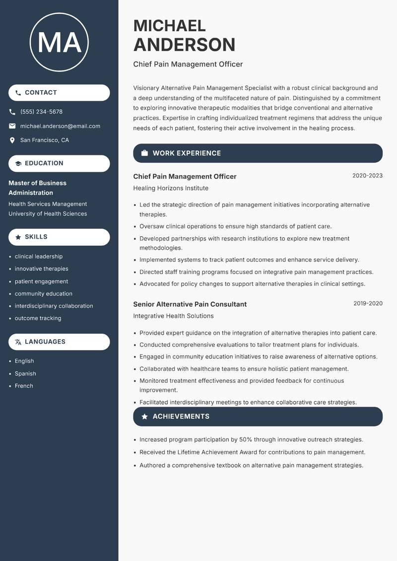 Alternative Pain Management Specialist Resume Preview Example