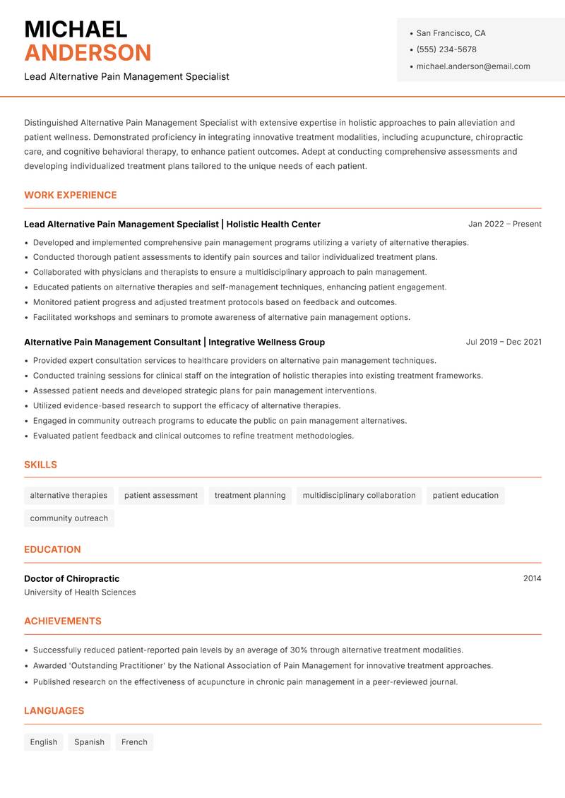 Alternative Pain Management Specialist Resume Template