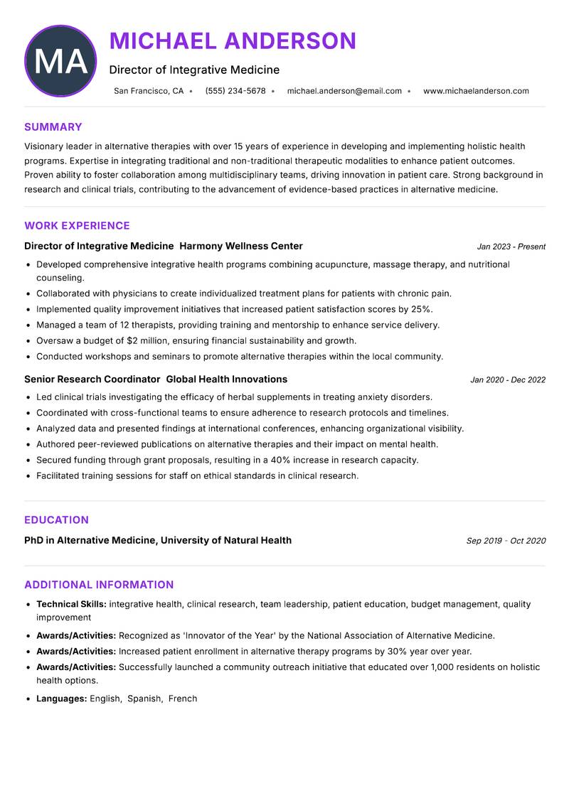 Alternative Therapies Executive Resume Preview Example