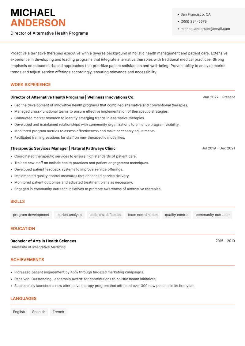 Alternative Therapies Executive Resume Template