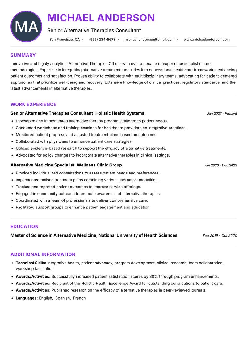 Alternative Therapies Officer Resume Preview Example