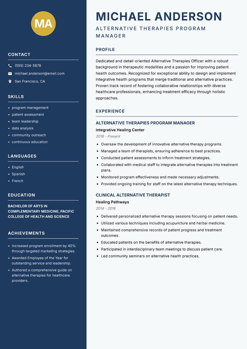 Alternative Therapies Officer Resume Preview Example