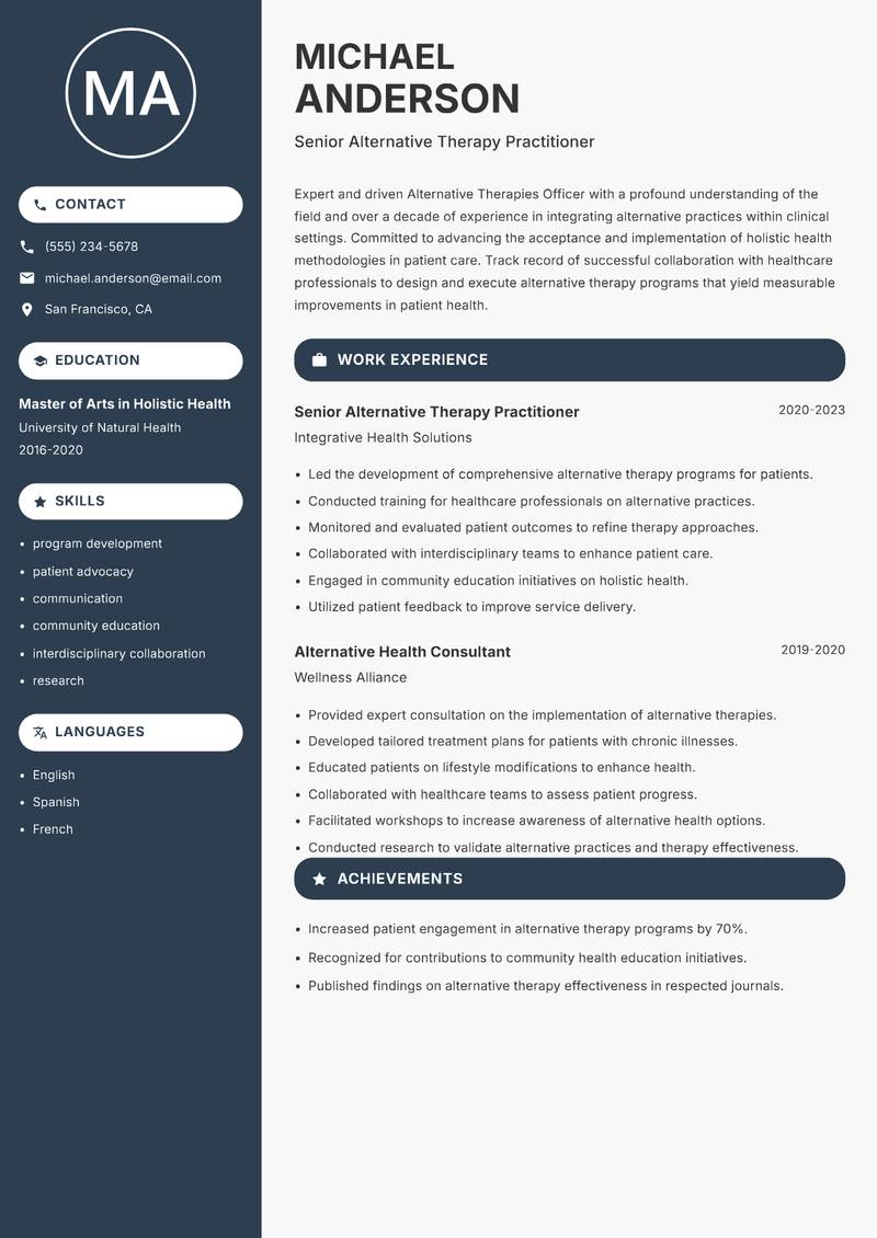 Alternative Therapies Officer Resume Preview Example