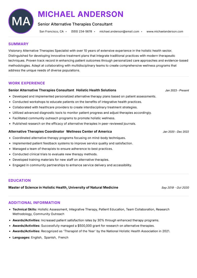 Alternative Therapies Specialist Resume Preview Example
