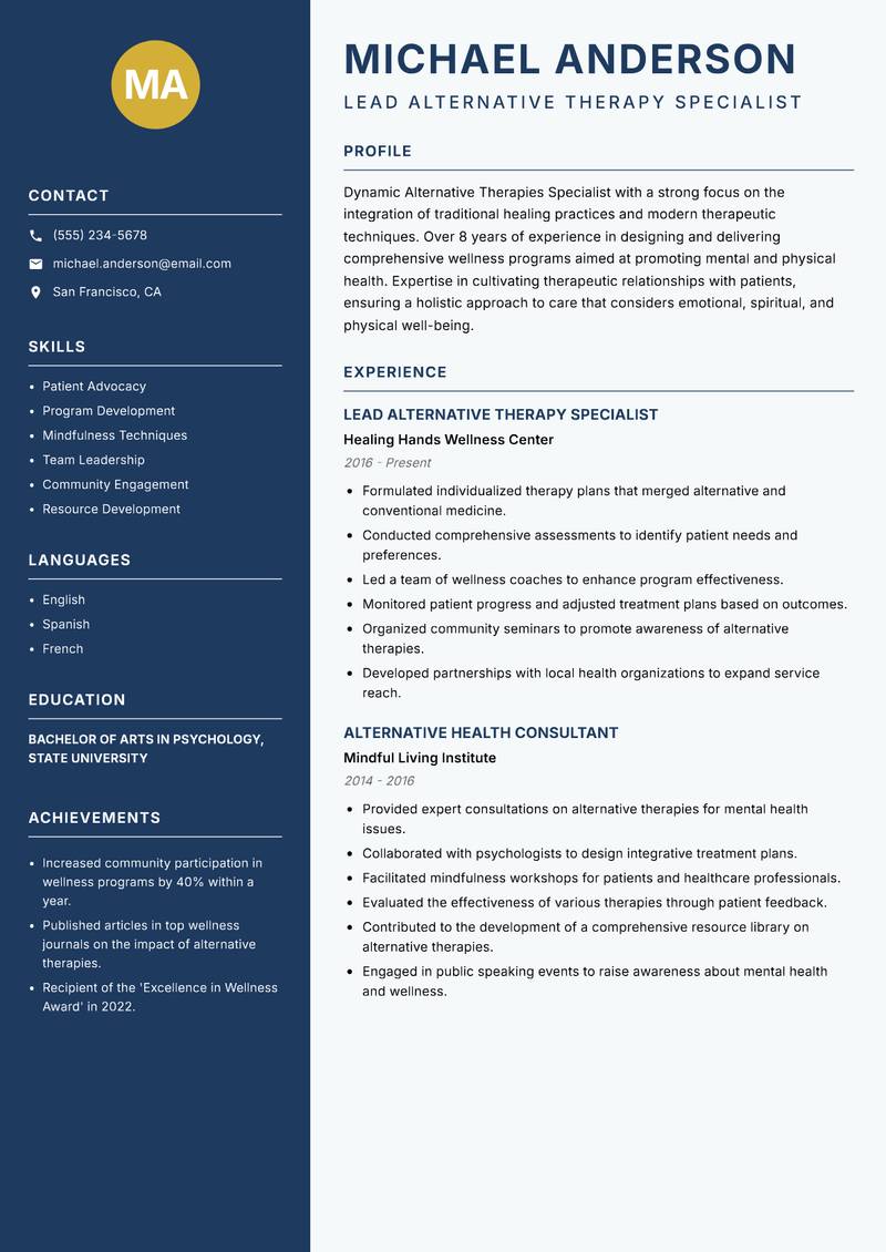 Alternative Therapies Specialist Resume Preview Example