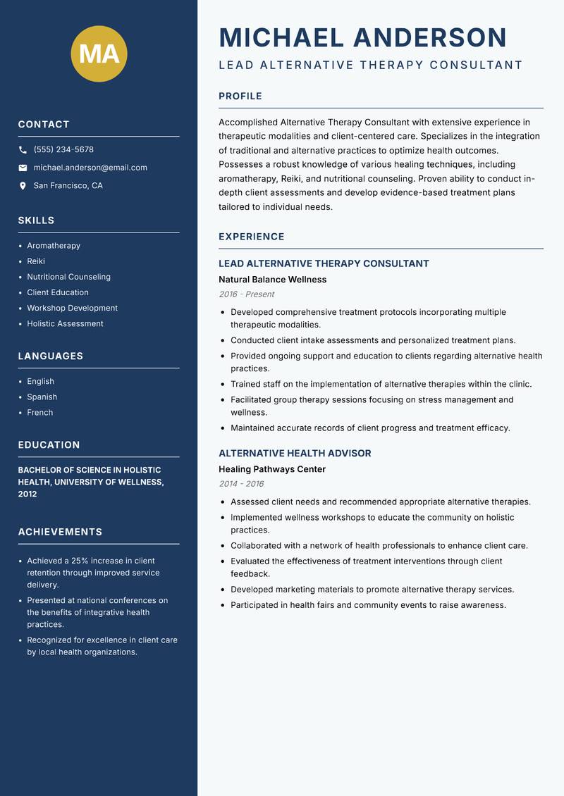 Alternative Therapy Consultant Resume Preview Example