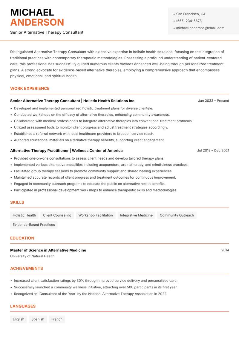 Alternative Therapy Consultant Resume Template