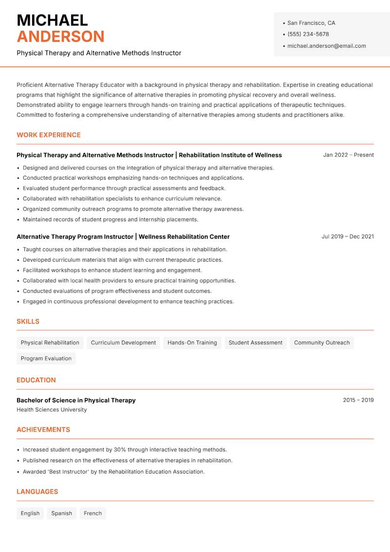 Alternative Therapy Educator Resume Template