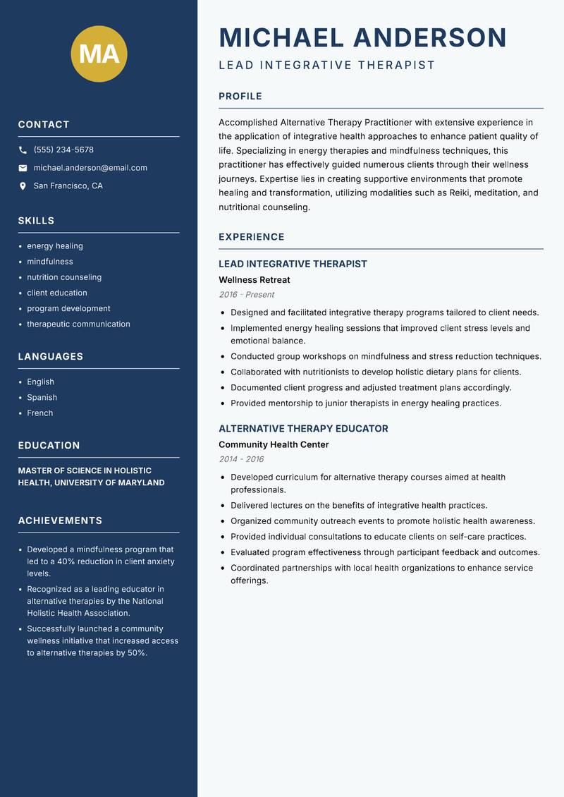 Alternative Therapy Practitioner Resume Preview Example