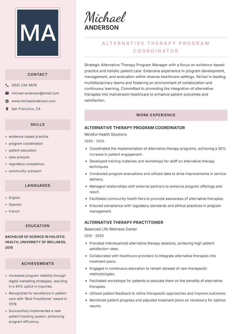 Alternative Therapy Program Manager Resume Preview Example