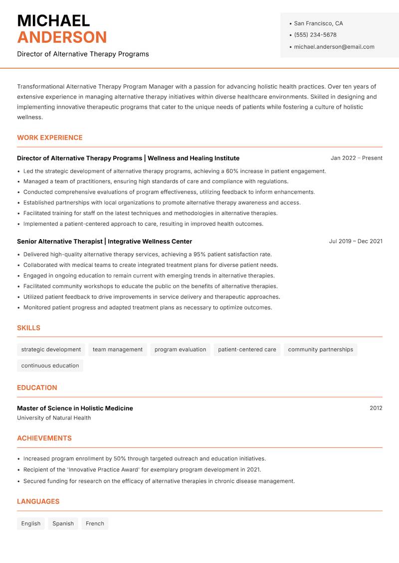 Alternative Therapy Program Manager Resume Template