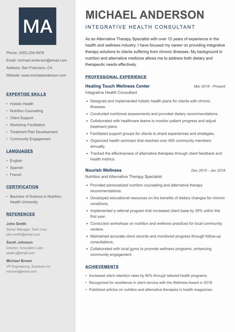 Alternative Therapy Specialist Resume Preview Example