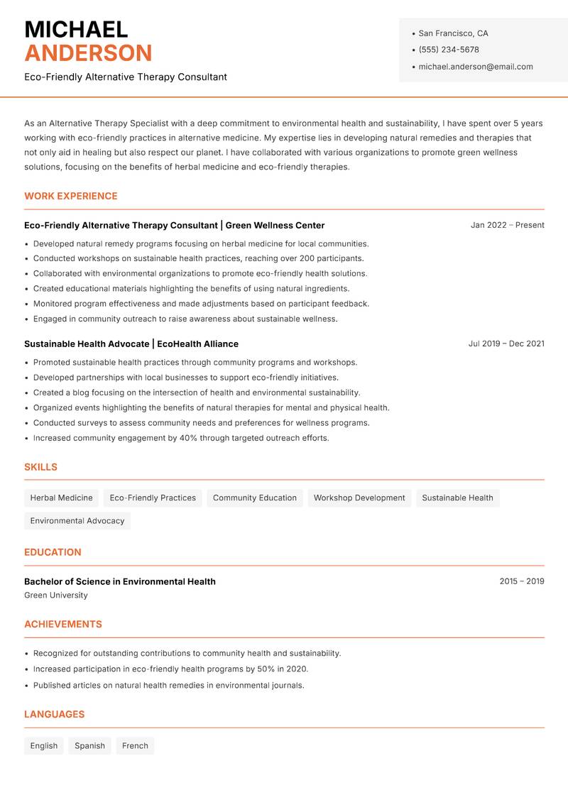 Alternative Therapy Specialist Resume Template