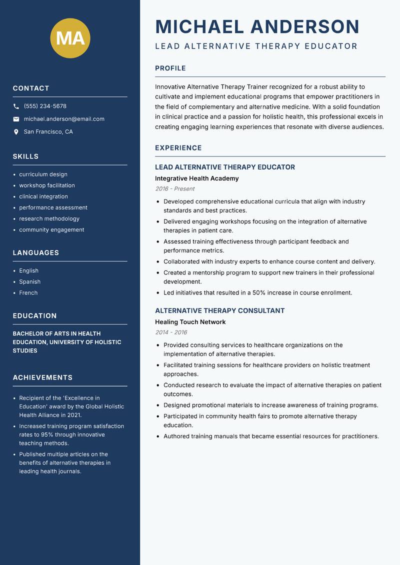 Alternative Therapy Trainer Resume Preview Example