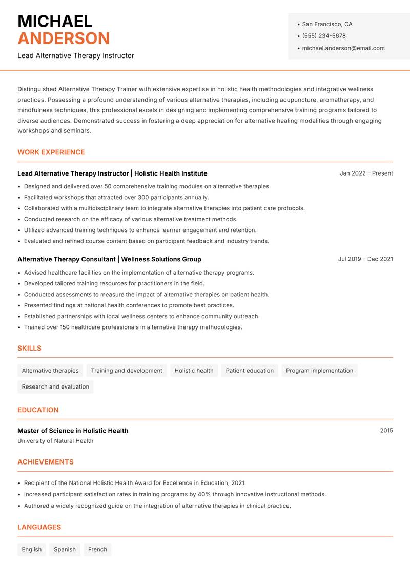 Alternative Therapy Trainer Resume Template