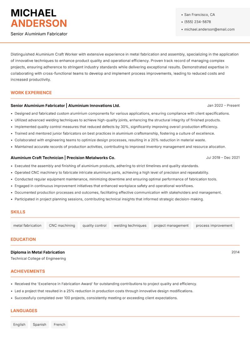 Aluminium Craft Worker Resume Template