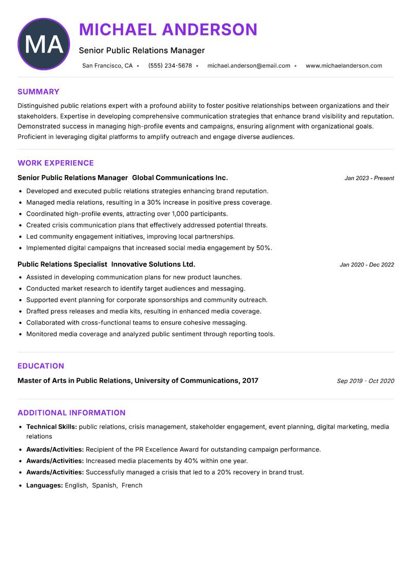 Ambassador Resume Preview Example