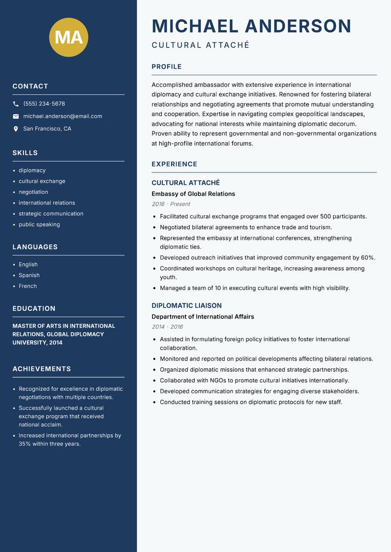 Ambassador Resume Preview Example
