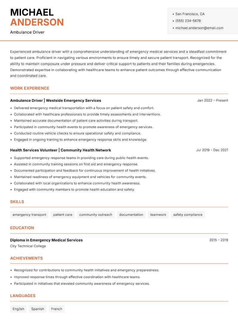 Ambulance Driver Resume Template
