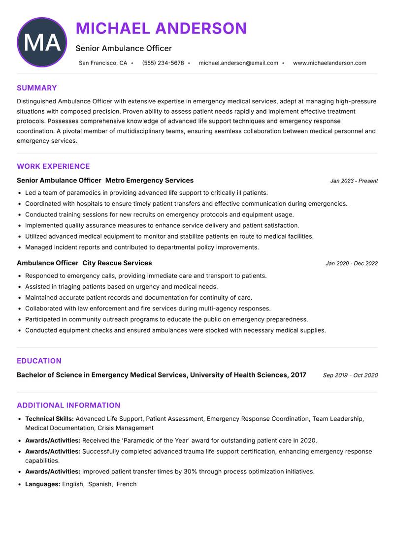 Ambulance Officer Resume Preview Example