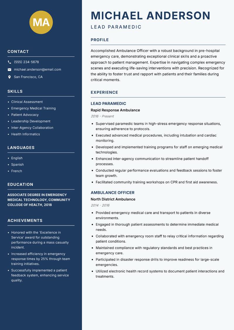 Ambulance Officer Resume Preview Example