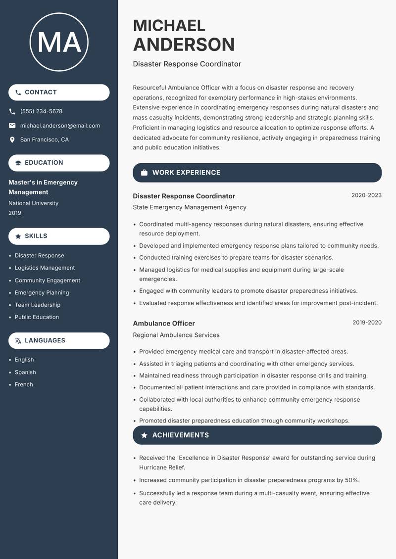 Ambulance Officer Resume Preview Example
