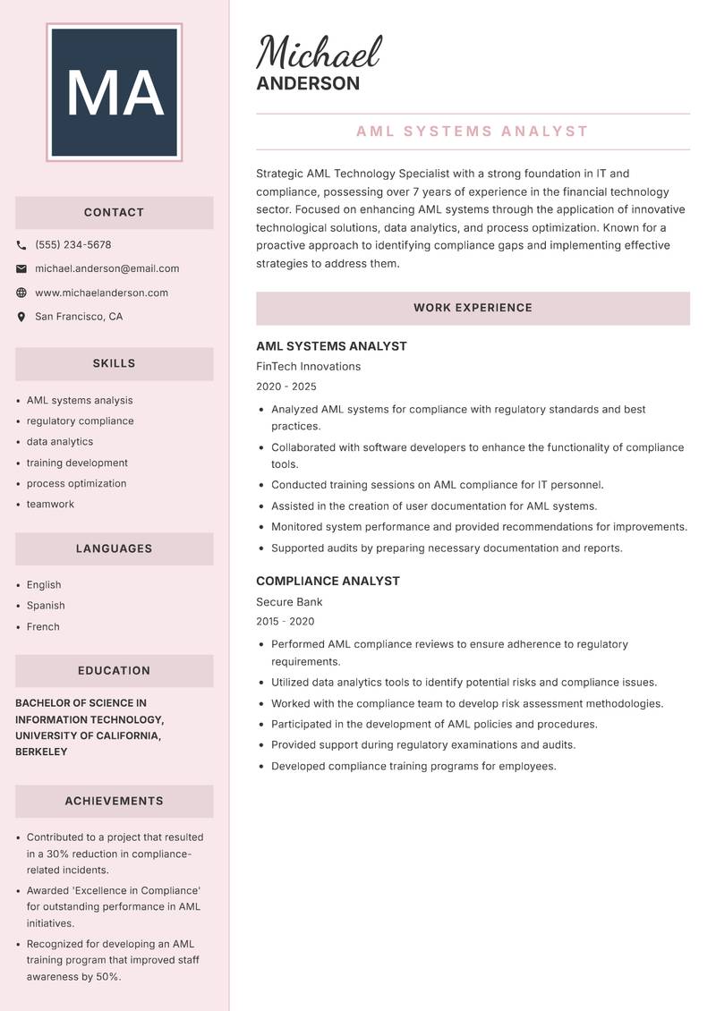AML Technology Specialist Resume Preview Example