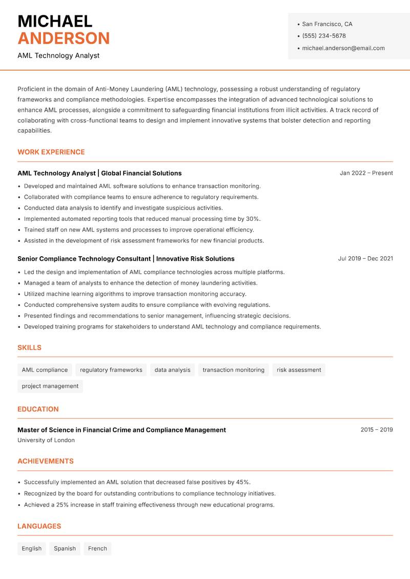 AML Technology Specialist Resume Template