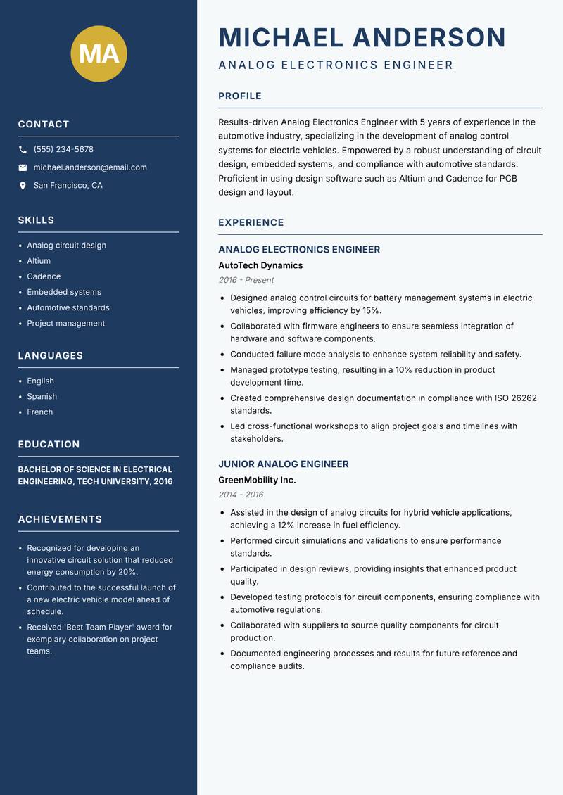 Analog Electronics Engineer Resume Preview Example
