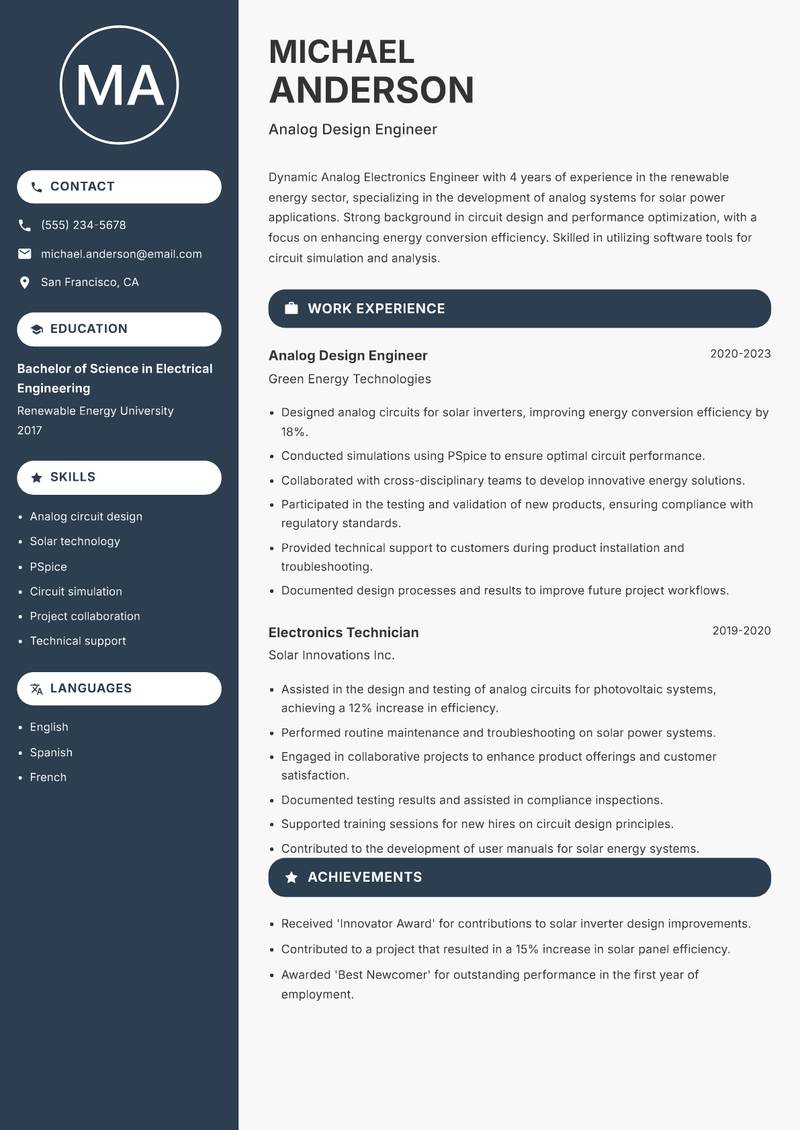 Analog Electronics Engineer Resume Preview Example